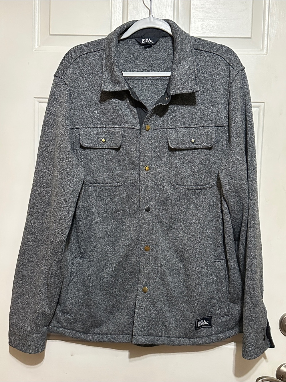 Eddie Bauer Shirt Jacket Mens Size Large Heather Gray Sweater Fleece Snap Front